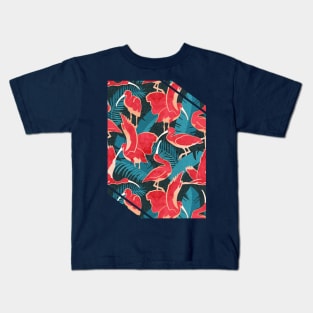 Luxurious Scarlet Ibis // teal vegetation metal rose and red guará large birds Kids T-Shirt